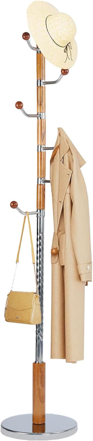 Solid Wood Coat Rack, Free Standing Hall Coat Tree with 6 Hooks, 3 Height Options, 180lbs Load, Stury Base, Clothes Rack for Entryway, Hallway, Bedroom (Disc Base - Cherry Swivel Hook)