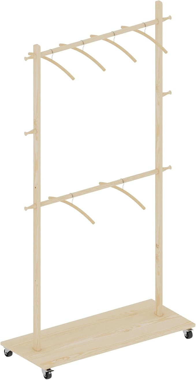 CHANCEE Solid Wood Garment Rack with 6 Wooden Hangers, Adjustable Shelf and Wheels, Space-Saving Clothes Drying Rack for Bedroom, Living Room, or Entryway