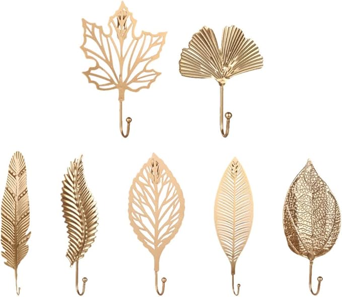 7pcs Leaf Shape Metal Hooks Decorative Wall Hooks Iron Key Holder Coat Hanger Purse Hooks Closet Clothes Coat Hat Towel Robes Hook for Kitchen Bathroom Bedroom Office