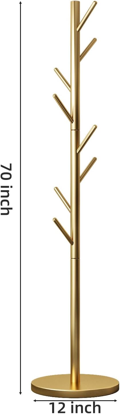 Coat Rack Freestanding Metal Coat Rack Stand with 8 Hooks Sturdy Heavy Duty Modern Coats Tree for Bags Clothes Hall Tree Hats Hanger Holder Stand for Entryway Bedroom Hallway Office, Gold