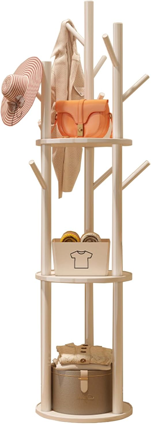 Simcat Wood Coat Rack with 3 Shelves and 9 Hooks Coat Tree Hanger Freestanding Coat Rack for Bedroom, Hallway, Entrance, Office, for Hats, Coats, Scarves, Handbags (Fixed rack white)