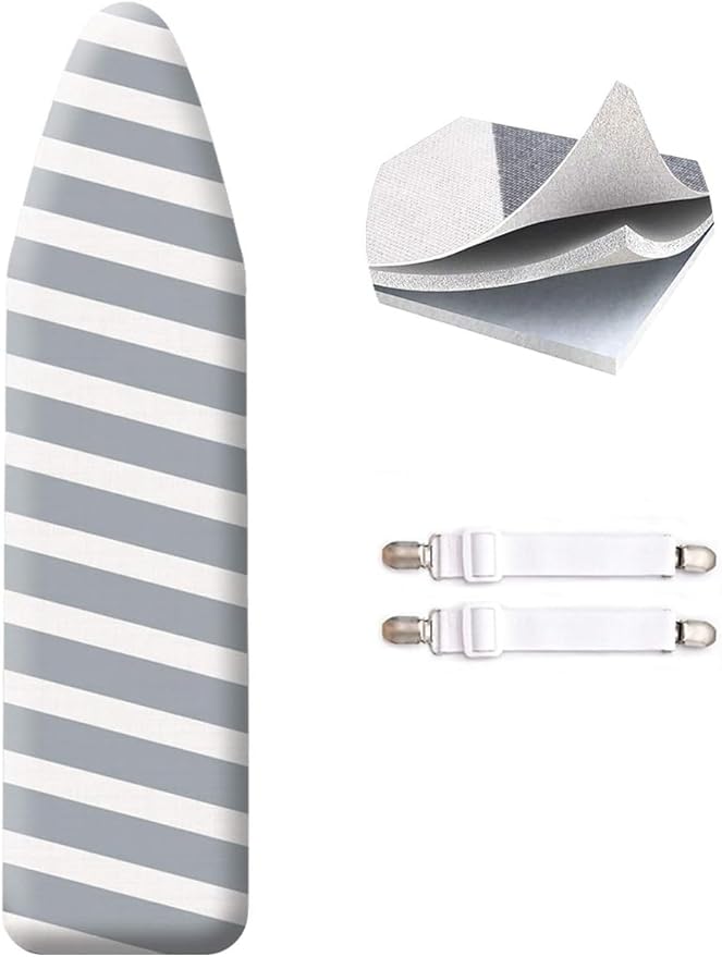 SheeChung 42”x12” Ironing Board Cover and Pad - with Pull Bungee Fit System and Connecting Straps,Premium Heavy Duty 4-Layer Silicone Coated Cover,Heat Reflective, Scorch Resistant