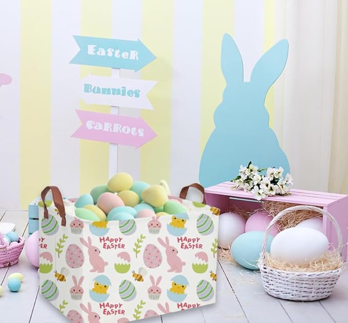 Easter Bunny Kids Gift Basket - Rectangular Toy Storage Basket Organizer Bin Box for Boys & Girls - Cute Easter Egg Room Decor for Home