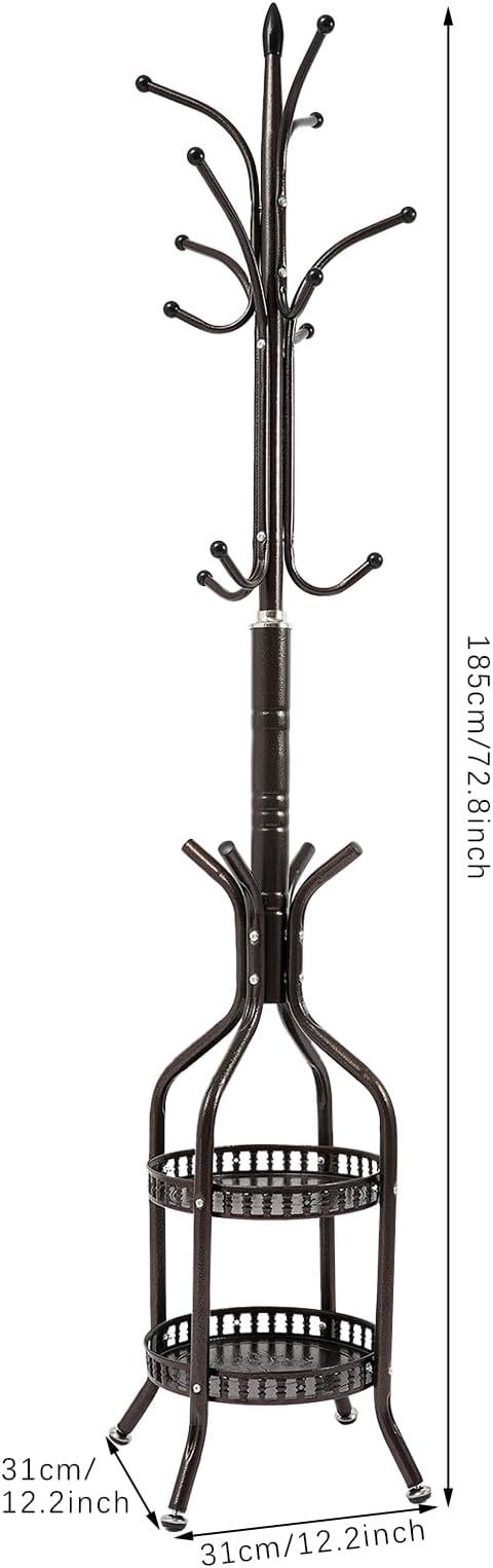 Metal Coat Rack Stand Freestanding Hat Hall Tree Clothes Rack Holder Modern Clothing Garment Hanger Stand with Double Layer Storage Basket and Hooks for Hanging Scarf Bag for Entryway Bedroom (Bronze)