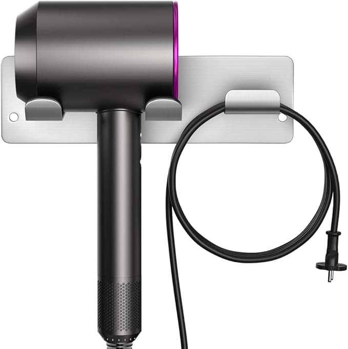 Hair Dryer Holder Wall Mount Compatible with Dyson Hair Dryer, 304 Stainless Steel Hair Dryer Blow Diffuser Holder Organizer Adhesive for The Bathroom Silver
