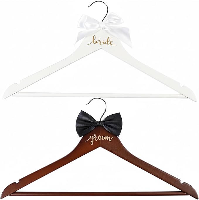 2 Pack Bride Hangers, Wedding Hanger, Bridal Hanger, Wooden Bride and Groom Wedding Dress Hangers with Attached Bow Tie, Bridal Shower Gifts, Bridal Tuxedo Suit Wedding Gift for Couples