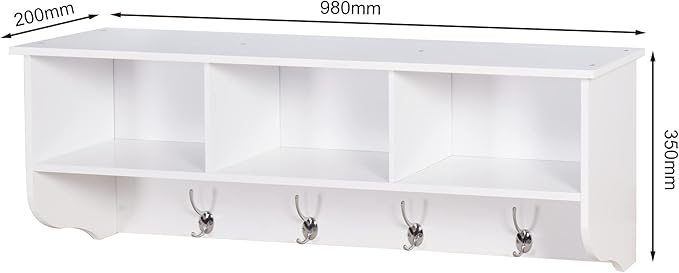 Elegant White Wooden Wall-Mounted Coat Rack with Shelf - Entryway Organizer with 4 Dual Hooks - Modern Storage Display for Home Decor, Plants, Photos - MDF Construction - 39"x8"x14"
