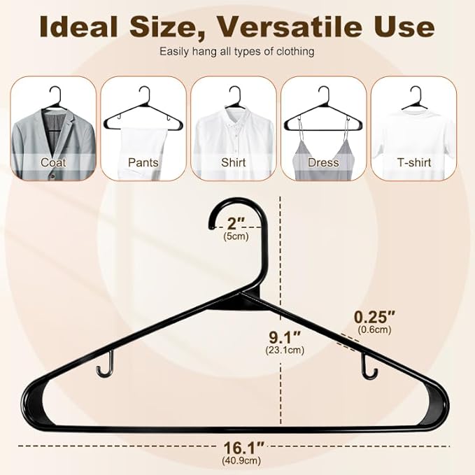 HOUSE DAY Black Plastic Hangers 100 Pack, Plastic Clothes Hangers with Built-in Hooks, Durable and Strong Coat Hangers for Closet, Space Saving Clothing Hanger for Shirts, Coats, Skirt, Dress
