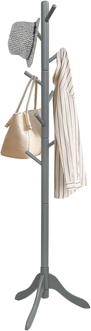 GOFLAME Coat Rack Freestanding, Wooden Entryway Coat Tree Hanger with 8 Hooks and 4 Sections, Height Adjustable Coat Stand for Home Office Hallway Entryway (Grey)