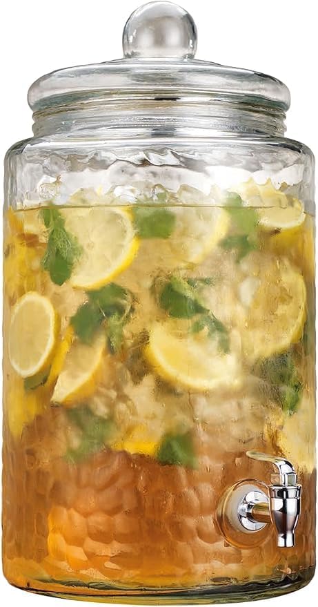 MosJos 3 Gallon Classic Hammered Glass Ice Cold Beverage Drink Dispenser - With Glass Lid 100% Leak Proof Spigot- Wide Mouth Easy Filling For Outdoor, Parties & Daily Use