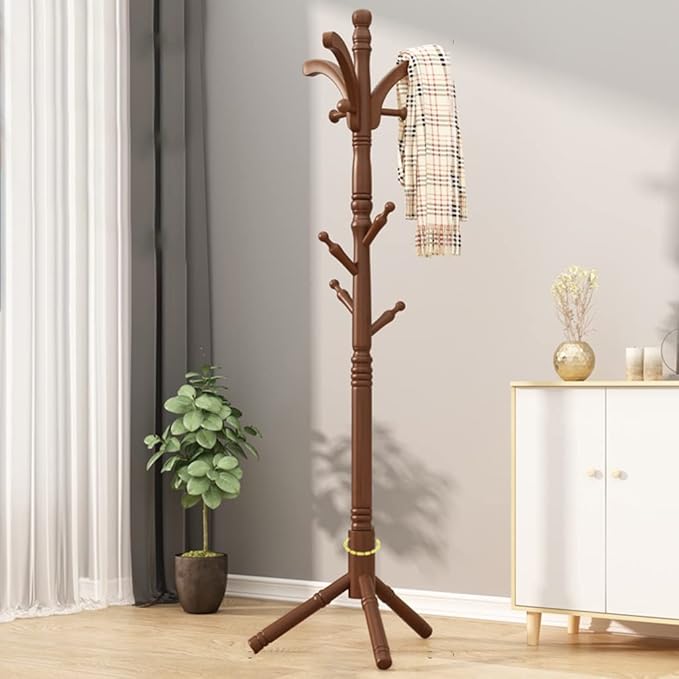 Wooden Tree Coat Rack Stand, 10 Hooks, 3 Adjustable Sizes Free Standing Coat Rack, Hallway/Entryway Coat Hanger Stand for Clothes, Suits, Accessories, Easy Assembly (Color : Walnut, Size : A)