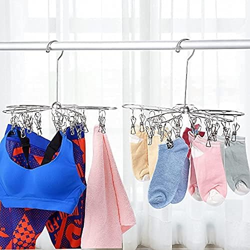 2 Pack Foldable Clip and Drip Hangers, Stainless Steel Clothes Drying Hanger with 20 Clips, Laundry Hanging Drying Rack for Socks, Underwear, Lingerie, Bras, Scarf, Towels, Diapers