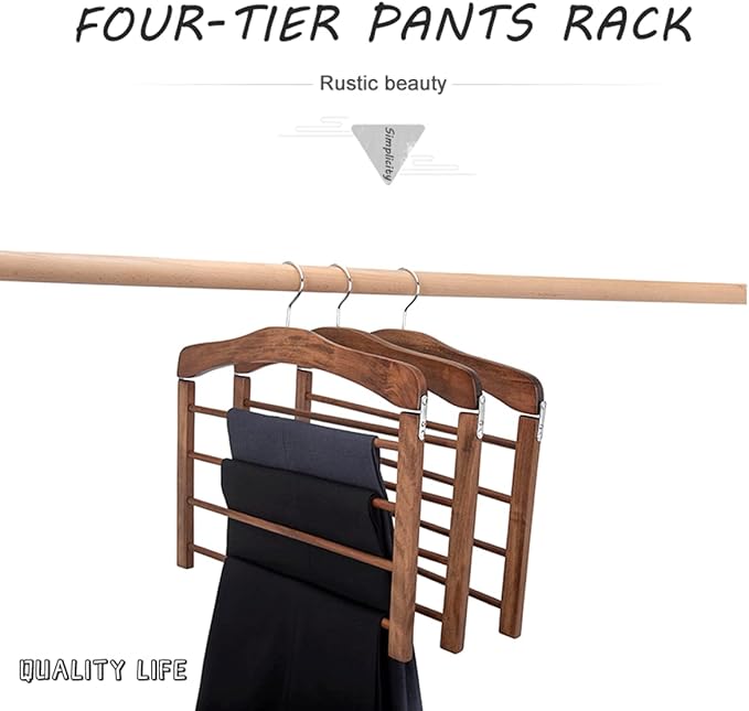 Wooden Pant Hanger Space Saving - 4 Tier Closet Storage Hanger Organizer for Jeans Legging Scarves Pants Towels, 2 Packs, Wood