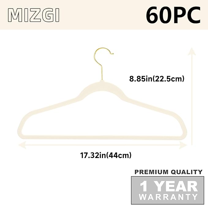 MIZGI Ivory Velvet Hangers 60 Pack,Premium Gold Clothes Hangers Non-Slip Felt Hangers,Sturdy Ivory Hanger Heavy Duty Coat Durable Suit Hanger for Space Saving, No Flocked Marks
