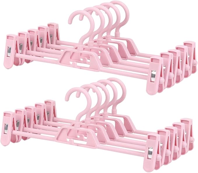 DOITOOL 10 Pcs Pants Hangers with Clips, Space Saving Plastic Hangers, Skirt Hangers for Kids, Women and Girls, Non-Slip Clothes Hangers with Clips for Closet or Laundry Use