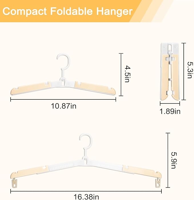 Foldable Travel Hangers for Cruise, 6 Pack Portable Collapsible Hangers with Clips, Folding & Space-Saving Suitcase Hangers for Travel, (Beige-White)
