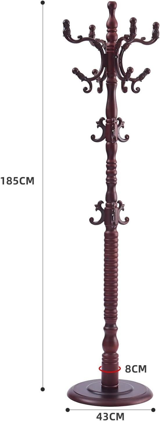 Wood Coat Rack Stand Wooden Coat Rack Freestanding Hall Coat Tree with Sturdy Round Base and 14 Hooks for Hats Bags Purses Vintage Coat Tree Hanger Stand for Entryway Hallway Bedroom, Brown
