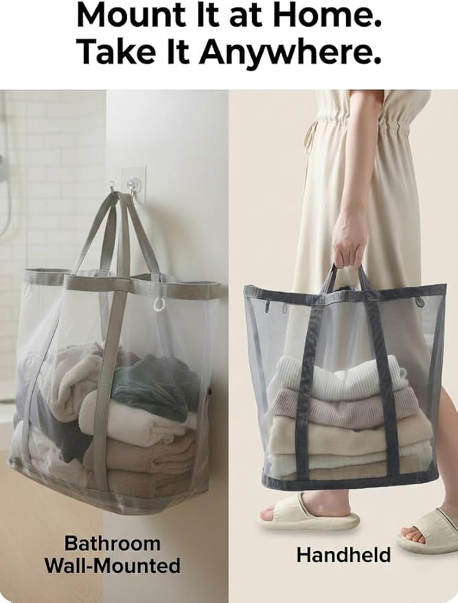 [2-Pack] Wall-Mounted Foldable Laundry Basket, 41L Collapsible Mesh Hamper (Each) with Reinforced Handles, Hanging Storage Bag for Bathroom, Dorm, Travel & Sports, Space-Saving Grey