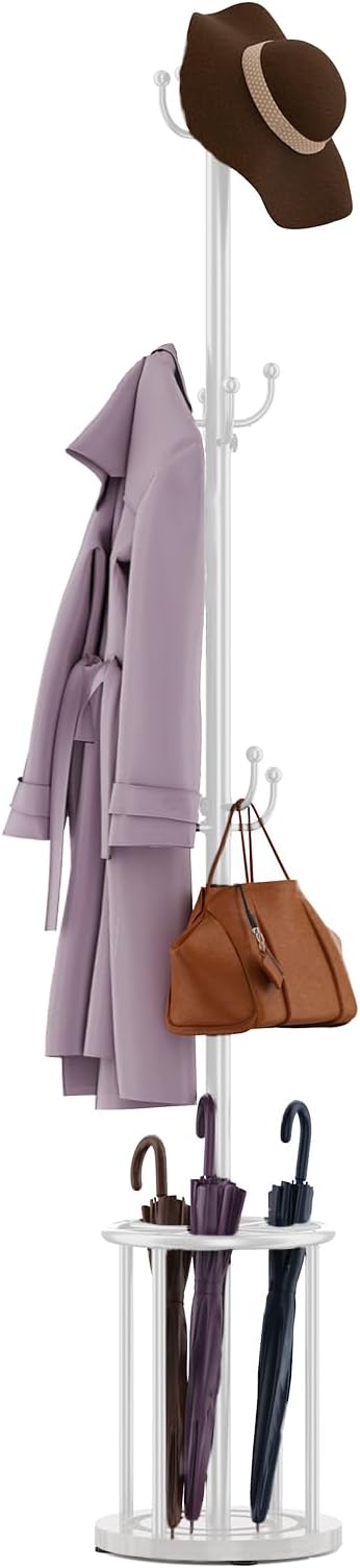 Coat Rack Freestanding, Coat Rack Stand with Umbrella Holder, Coat Tree, Coat Hanger Stand with 12 Hooks for Clothes Bag Hats, Used in Bedroom, Office, Living Room and Entryway-White