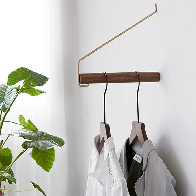 Modern Brass & Wood Wall Mounted Drying Rack,Simple Space Saver Clothes Hanger for Living Balcony Bathroom Laundry Room (Black Walnut)