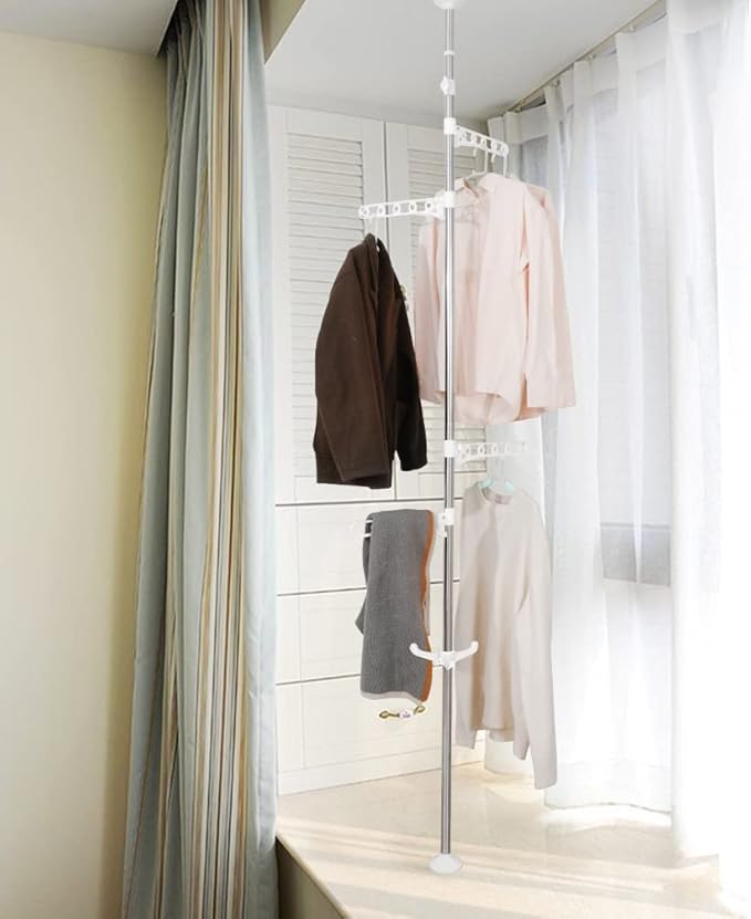 BAOYOUNI Corner Laundry Pole Coat Tree Hanger Telescopic Clothing Drying Rack Floor to Ceiling Tension Shelf Rod Metal Storage Organizer Stand with 4 Arms & 1 Hook - Ivory