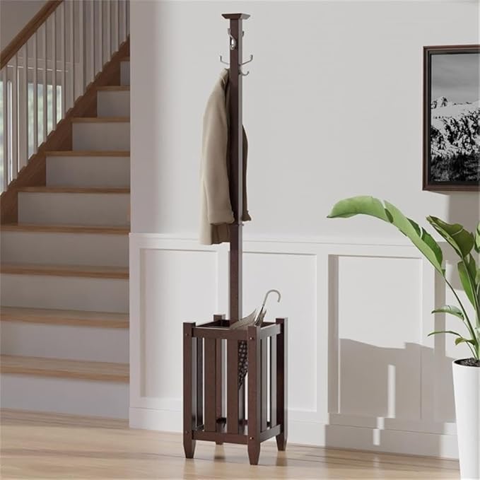 Pemberly Row Transitional Solid Wood Coat Tree and Umbrella Rack, 71.52" H, Cappuccino Finish, 4 Double Metal Hooks, Satin Nickel Hardware, Entryway or Hallway Storage