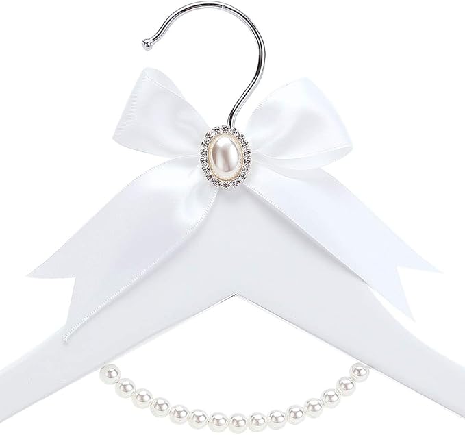 White Solid Wood Bridal Dress Hanger with Lady Wire Lettering for Bridal Wedding Party Gift (Silver Thread and Pearl Chain White Hanger)