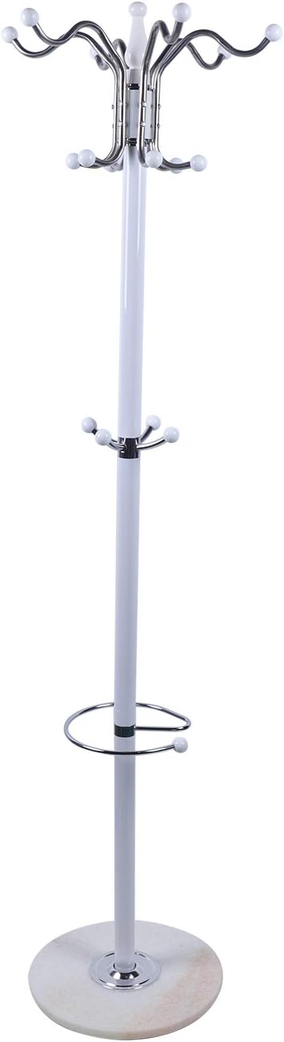 67" Metal Coat Rack Stand with Natural Marble Base, Free Standing Hall Tree with 16 Hooks for Hanging Scarf, Bag, Jacket, Home Entry-way Hat Hanger Organizer (White)