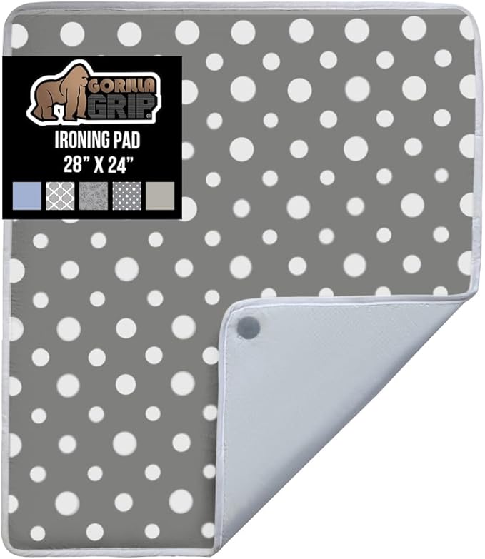 GORILLA GRIP Ironing Mat, Portable Iron Pad, Magnetic Cover for Top of Laundry Washer, Dryer, Tabletop, Countertop Padded Blanket, Silicone Coating and Scorch Resistant, Travel Size 28x24, Polka Dots