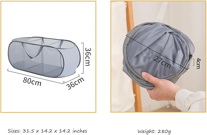 Mesh Laundry Hamper Basket, Sturdy 3 Compartments Laundry Basket, Foldable Pop up Laundry Hamper with Side Pocket for Laundry Room, Bathroom, Kids Room, College Dorm or Travel, Green