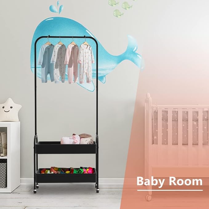 Black Clothing Rack - Portable Garment Organizer with 2 Tier Metal Baskets, Laundry Cart with Hanging Rack, Small Wardrobe on Wheels for Bedroom, Laundry and Entryway