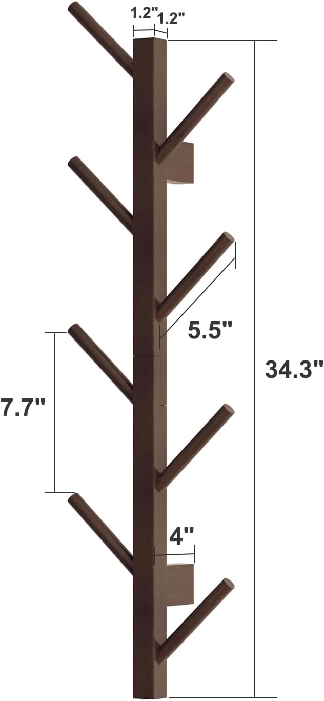 Coat Rack Wall Mount,Bamboo Vertical Hat Rack for Wall,Wall Coat Tree,Coat Hanger,Floating Coat Rack for Hats,Jackets,Bags,Entryway Bedroom (Brown)