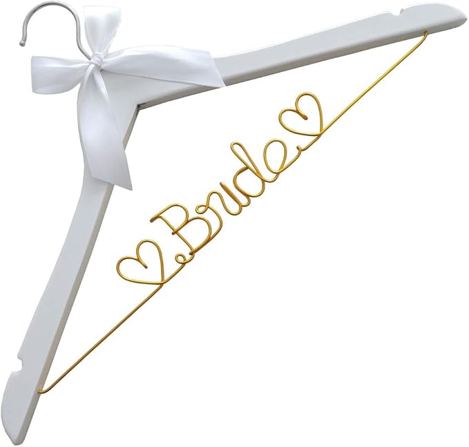 The Bride's Wedding Gift, Wooden Wedding Dress Gown Hanging Wire Letter Hanger (White and Gold Thread)