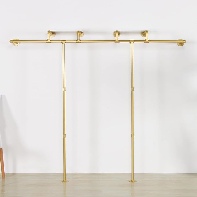 Gold pipe clothing rack for Hanging Clothes rack,Wall Mounted Clothes Rack With 2 Shelves,Heavy Duty Gold Industrial Pipe Clothing,Retail Display Closet Storage Clothes Organizer