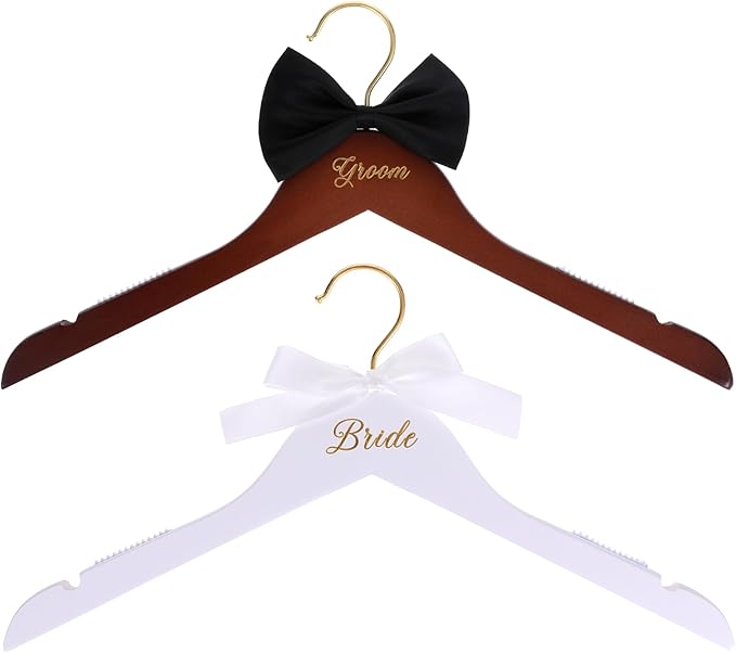2 Pcs Bride and Groom Hangers Bride Hanger Wedding Dress Hanger Wedding Hangers with Bow Tie for Tuxedo Suit Bridal Shower Gifts