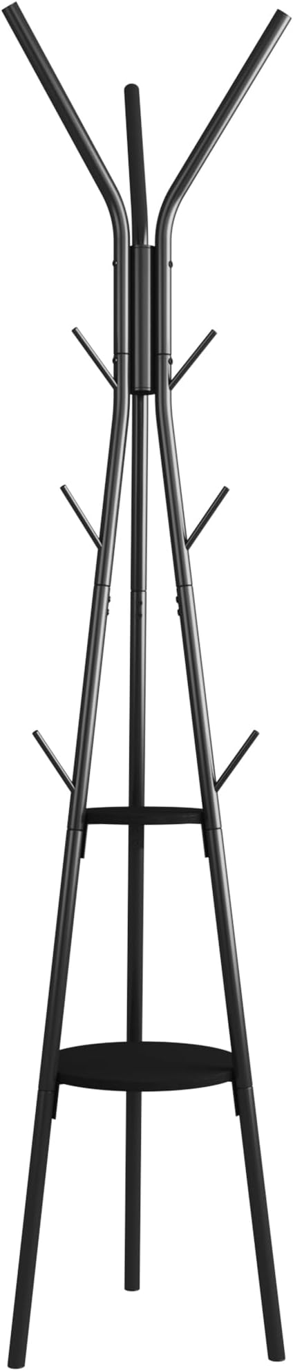HOMEFORT Coat Rack, Coat Hanger Stand with 2 Shelves, Freestanding Hall Tree, Metal Hat Hanger with 12 Hooks for Clothes Hats and Scarves (Black)