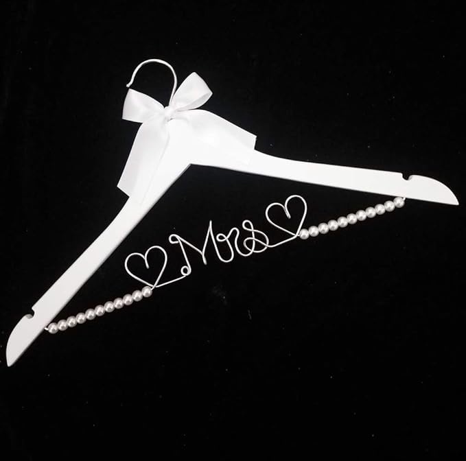 Bridal Dress Hanger Solid Wood Dress Hangers Mrs Letter Hanger Wedding Gift (White Coat Hanger Silver Thread Pearl)