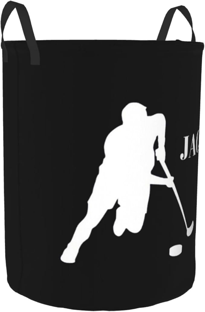 Personalized Laundry Basket for Nursery, Custom Nursery Laundry Hamper with Name, Customize Baby Clothes Circular Hamper for Boys Girls Room Decor, Hockey