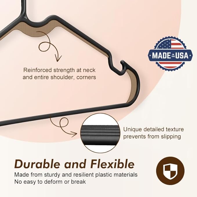 HOUSE DAY Black Plastic Hangers 60 Pack, Lightweight Clothes Hangers with Non-Slip Shoulder Grooves - Space-Saving, Durable & Reinforced Edges Coat Hanger for Closet Organization (Made in USA)