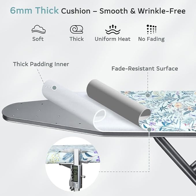 FIOBEE Ironing Board Cover and Pad Extra Thick Iron Board Pad with Heat-Resistant Mesh Padded Iron Board Covers Adjustable Buckle & Elastic Edges for 15x54 Standard Size Ironing Board, Grey Flower
