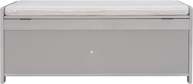 SOFTSEA Storage Bench with 3 Shutter-Shaped Doors, Entryway Shoe Bench with Removable Cushion and Hidden Storage, Wooden Storage Ottoman for Entryway, Living Room, Bedroom, Grey