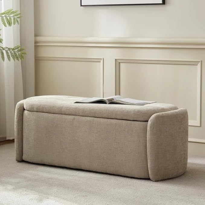 VKNOW Oval Storage Ottoman Bench, 46" Upholstered End of Bed Bench Ottomans Bench Foot Rest, Sherpa Storage Bench for Bedroom, Living Room and Hallway, Light Brown