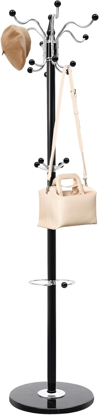 Coat Rack Freestanding, Modern Coat Rack with Natural Marble Base, Metal Freestanding Coat Rack with 16 Hooks, Entry-way Coat Racks Stand, Standing Coat Tree Rack (Black)