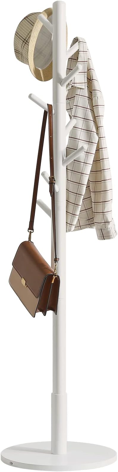 IBUYKE Coat Rack Stand, Freestanding Coat Tree with Solid Round Base and 8 Hooks, Easy Assembly Wooden Coat Hanger, Clothes Rack for Hallway Entryway, Living Room, Bedroom, Office, White WD-114