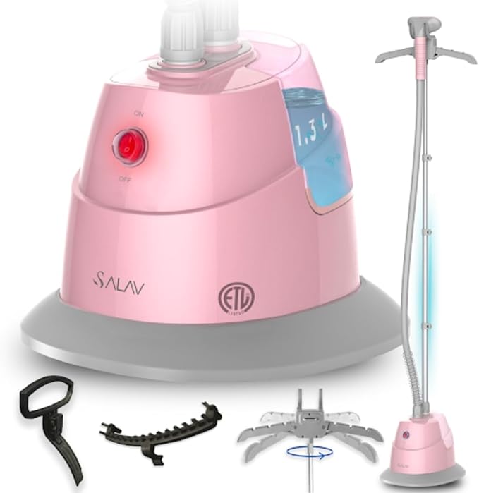 SALAV® Standing Steamer with Garment Hanger, 1.3L Water Tank for 1 Hour Continuous Steaming, Heats in 45 Seconds, Double-Insulated Steam Hose (Blush, Garment Steamer)