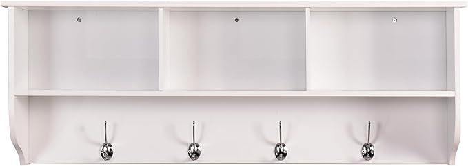 38.6" Contemporary Wall Mounted Coat Rack with Shelf, Entryway Hanging Coat Rack with 3 Shelves, Wall Shelf with 4 Dual Hooks for Hallway, Living Room, Bedroom (White)