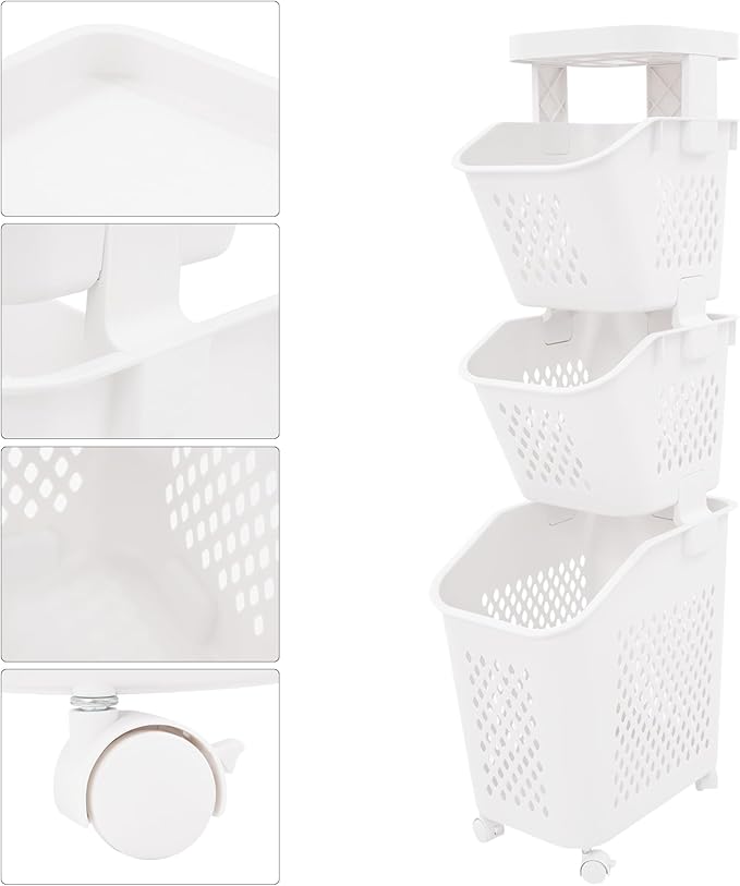 3 Tiers Rolling Laundry Hamper, White Plastic Laundry Basket Holder with Wheels, Vertical Laundry Hamper Sorter Cart, Rolling Clothes Hamper Organizer for Bathrooms Bedrooms