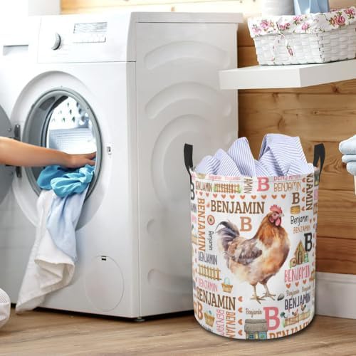 Chicken Laundry Basket,Custom Laundry Hamper with Name,Personalized Chicken Gifts for Boys Girls,Customize Collapsible Laundry Basket for Bedroom Bathroom,S-16.5"x 13.8"Chicken