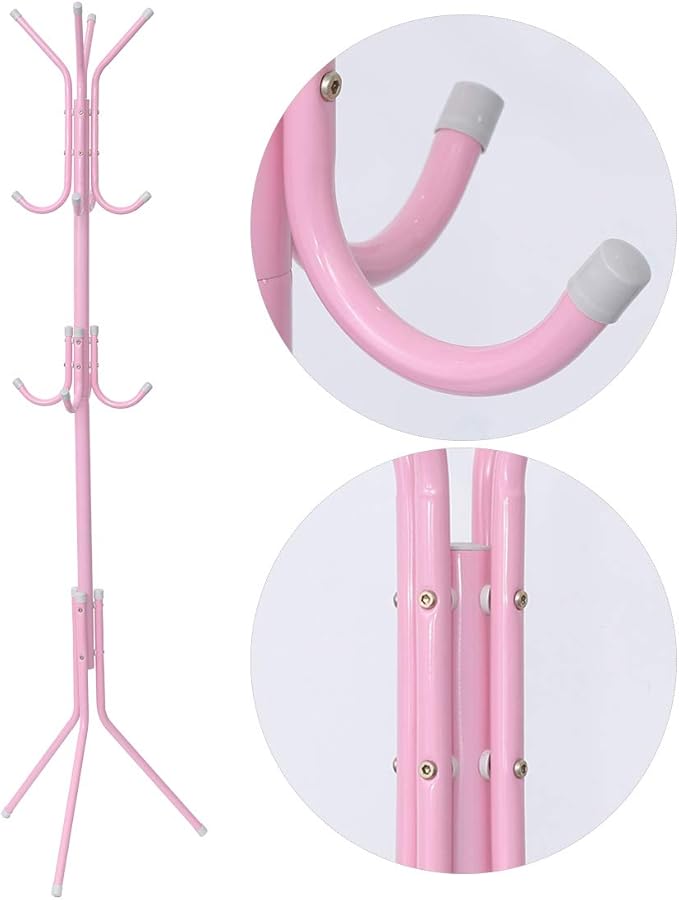 Cabilock Pink Metal Coat Rack Stand with 12 Hooks, Space-Saving Iron Hat and Clothes Hanger for Home, Bedroom, Office, and Hotel