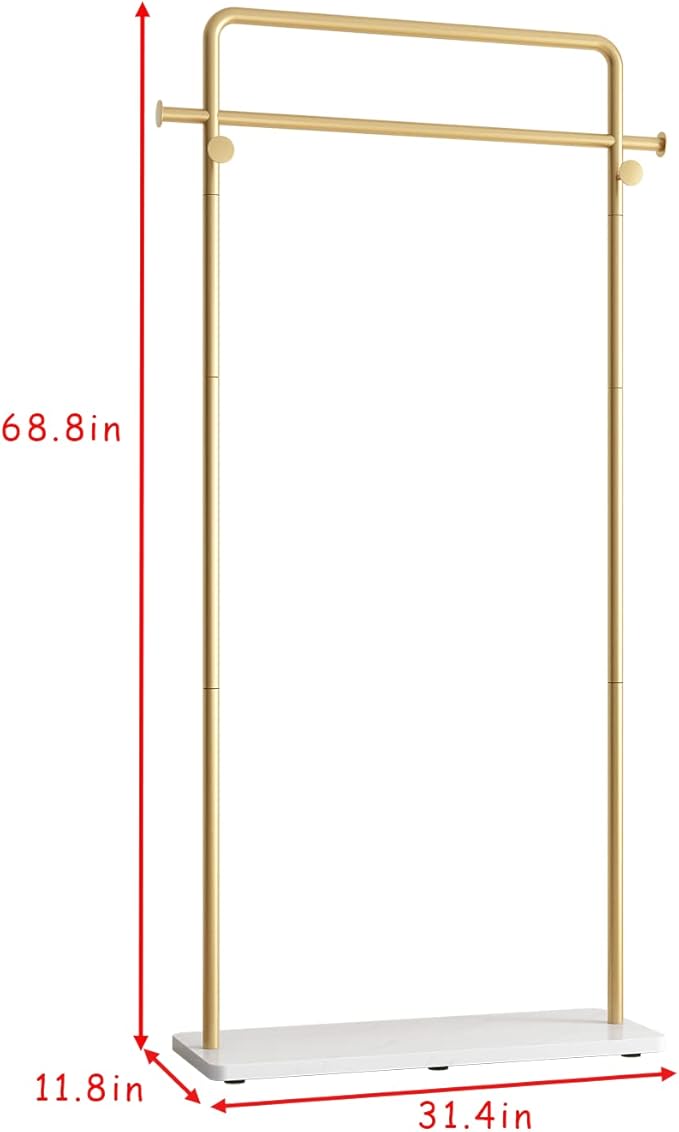 TIEOU Gold Clothing Racks with Shelf, Heavy Duty Gold Clothes Racks for Boutiques, Free-Standing Metal Garment Rack for Hanging Clothes, Modern Coat Rack Entryway